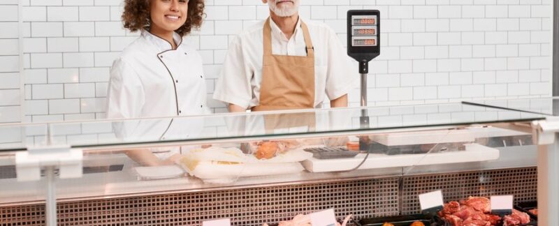 Des employés de magasin posant derrière le comptoir. meilleures boucheries de France