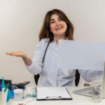 La femme médecin souriante d'âge moyen, vêtue d'une robe médicale et d'un stéthoscope, assise à son bureau, travaille sur un ordinateur portable avec des outils médicaux et tient une bulle de dialogue sur un fond blanc isolé avec un espace de copie. Les meilleurs services d'hématologie en France