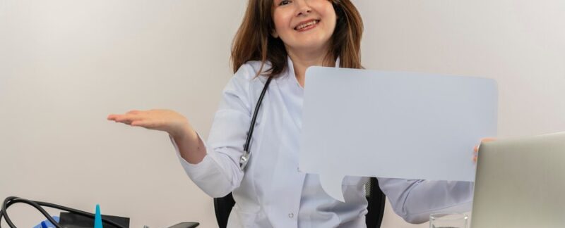 La femme médecin souriante d'âge moyen, vêtue d'une robe médicale et d'un stéthoscope, assise à son bureau, travaille sur un ordinateur portable avec des outils médicaux et tient une bulle de dialogue sur un fond blanc isolé avec un espace de copie. Les meilleurs services d'hématologie en France