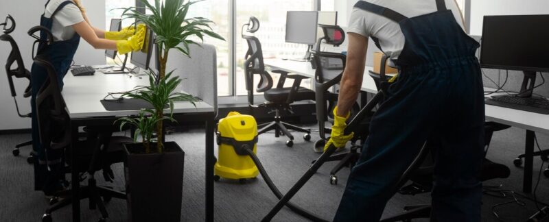 Plan d'ensemble de personnes nettoyant le bureau. Top 10 des entreprises de nettoyage de tapis en France