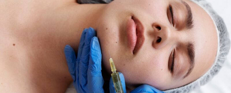 Mujer en posición horizontal recibiendo tratamiento de prp facial. meilleures cliniques d'acide hyaluronique en France