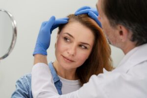 Femme recevant un traitement pour la perte de cheveux dans une clinique. meilleurs médecins greffeurs de cheveux en France. greffe de cheveux france prix