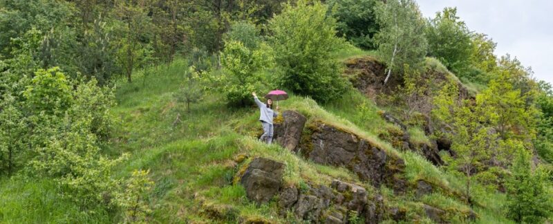 Une femme se promène sous un parapluie dans les montagnes, parmi les rochers couverts d'arbres. meilleures forêts de France