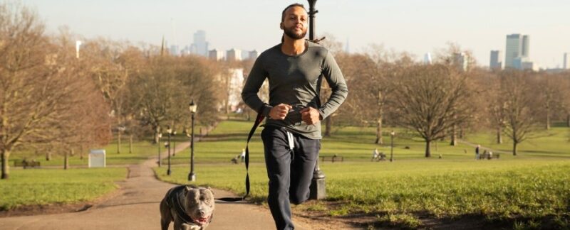 plan d'ensemble d'un homme courant avec un chien en plein air. meilleurs endroits pour faire du jogging en France