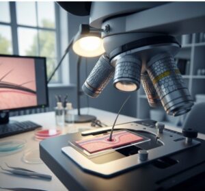 Gros plan d'un microscope analysant la structure d'un cheveu pour un diagnostic de trichologie.