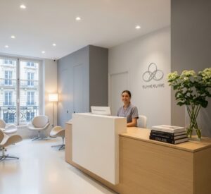 Réception moderne et accueillante d'une clinique esthétique à Paris.