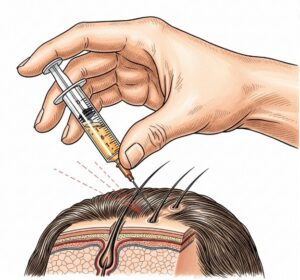 Illustration médicale d'un professionnel appliquant un traitement de mésothérapie sur le cuir chevelu d'un patient.