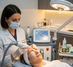 Patiente recevant un traitement facial au laser dans une clinique esthétique, avec un professionnel de la santé.